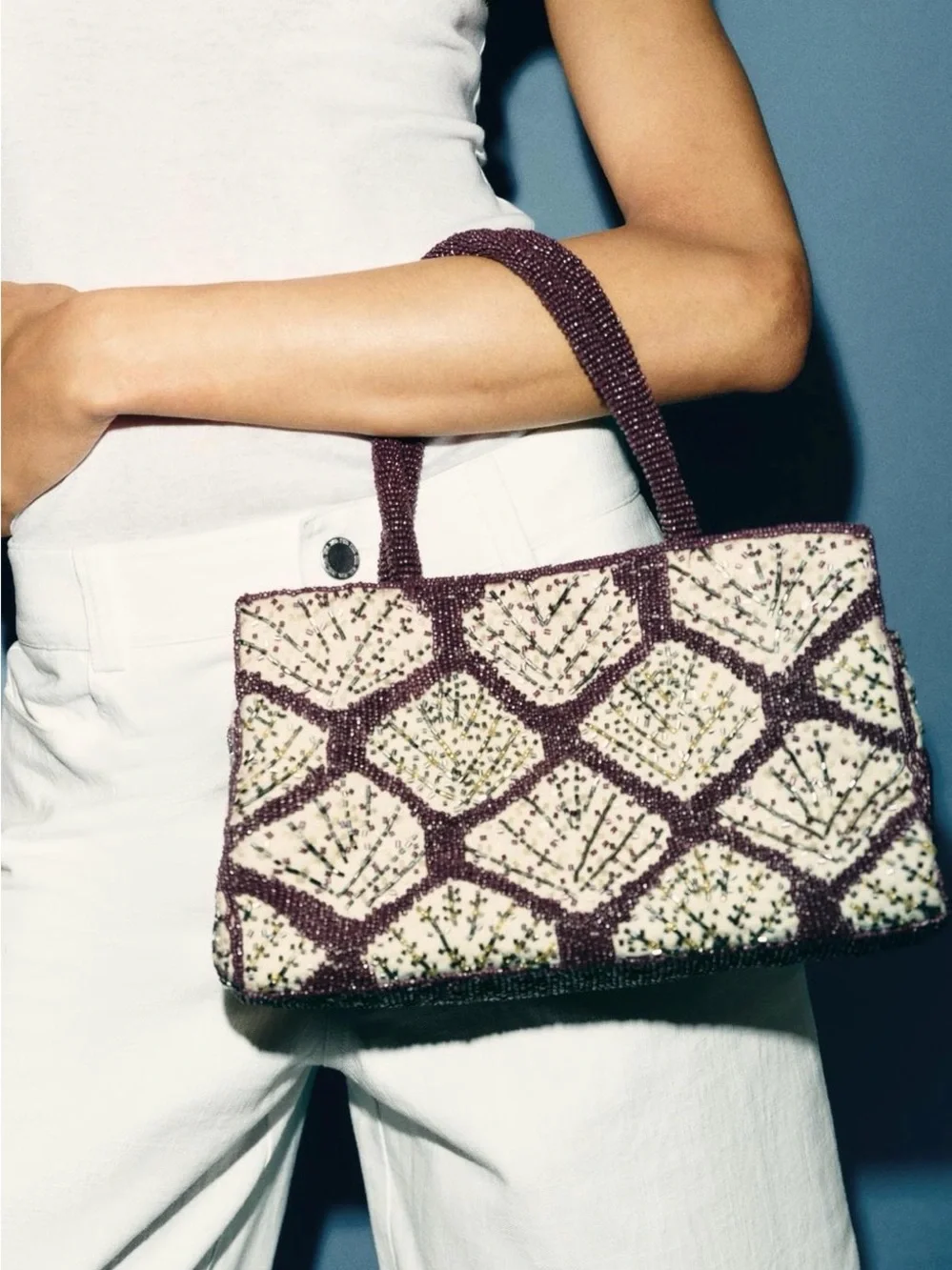 Zara Beaded Tote in Cream and Plum